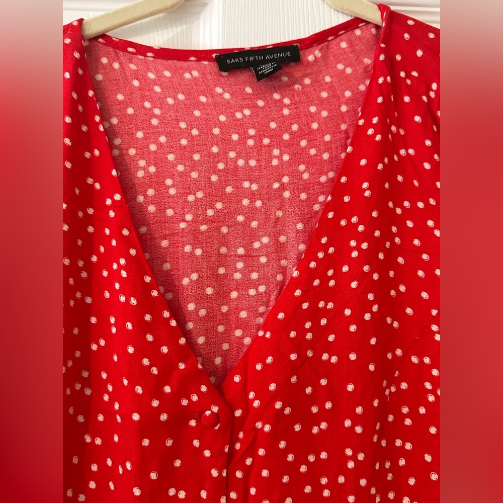 Saks Fifth Avenue - Red & White Scattered Polka Dot Midi Dress - Size 6 - Picture 3 of 7